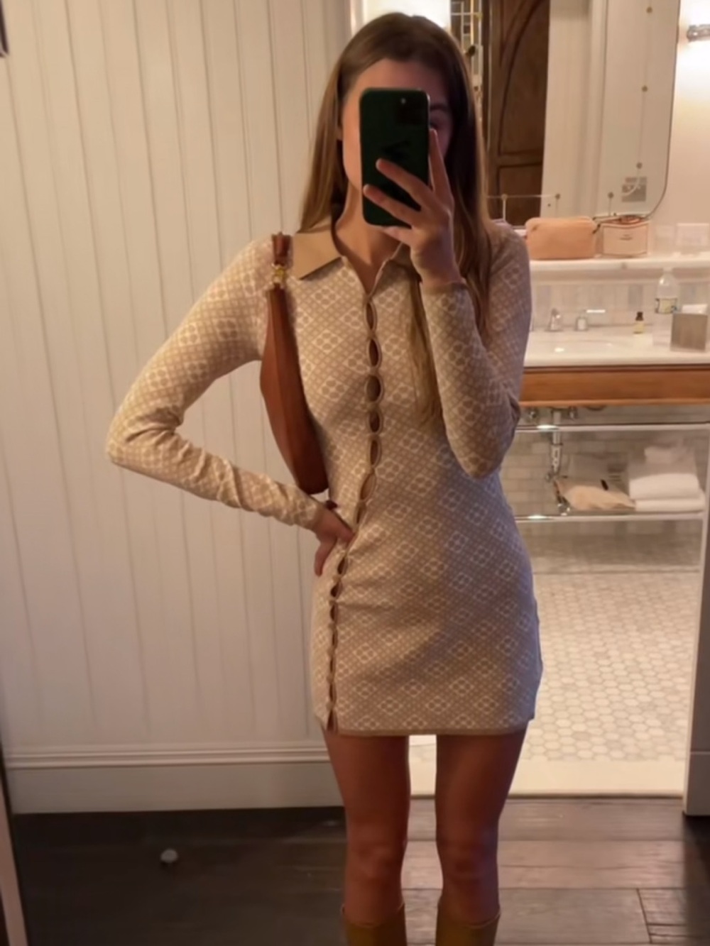 Hansen & Gretel cream mini dress with beige and white geometric pattern, size XS